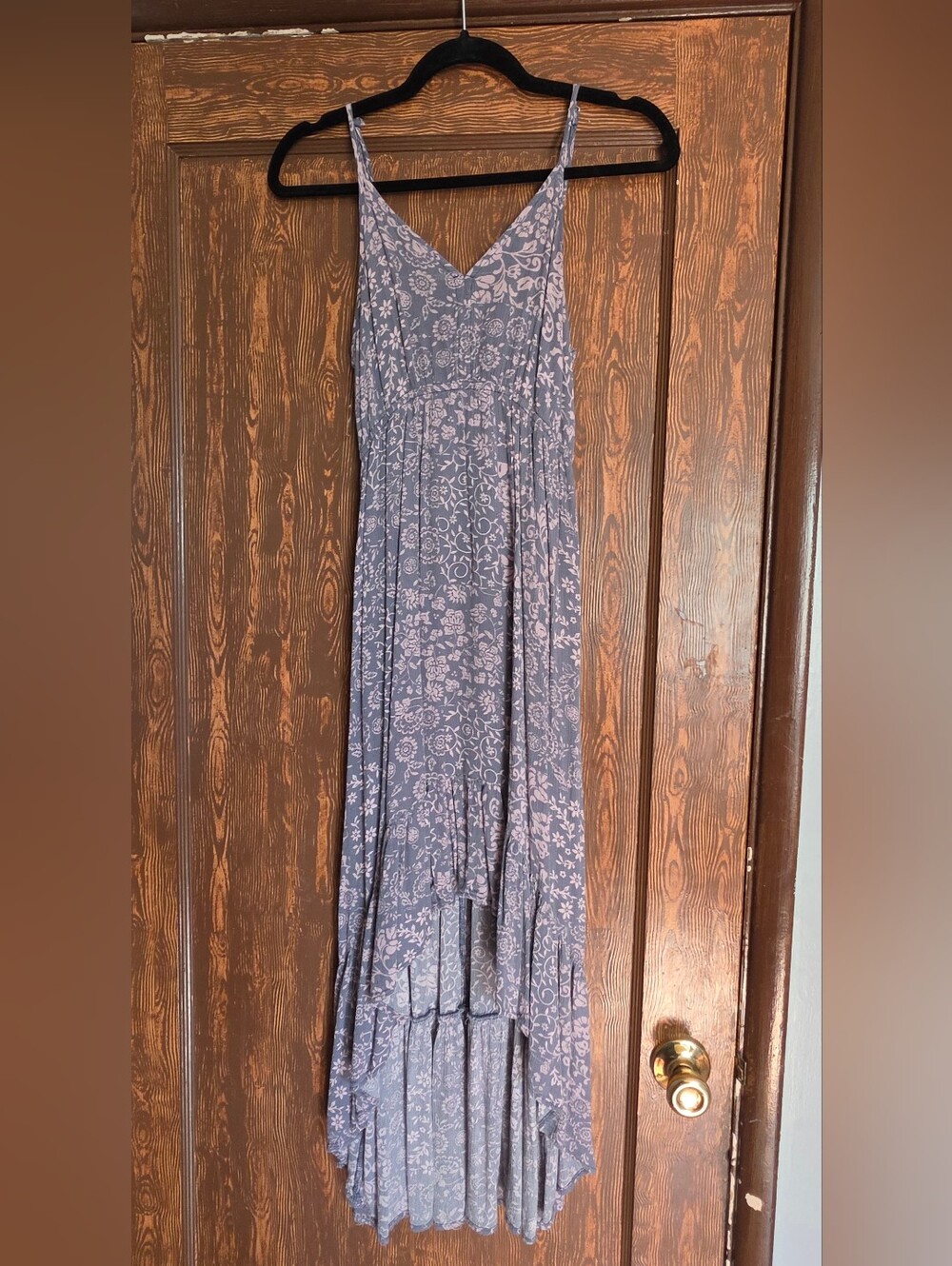 Floral High-Low Maxi Dress in Dusty Grey With Blush Pink Details